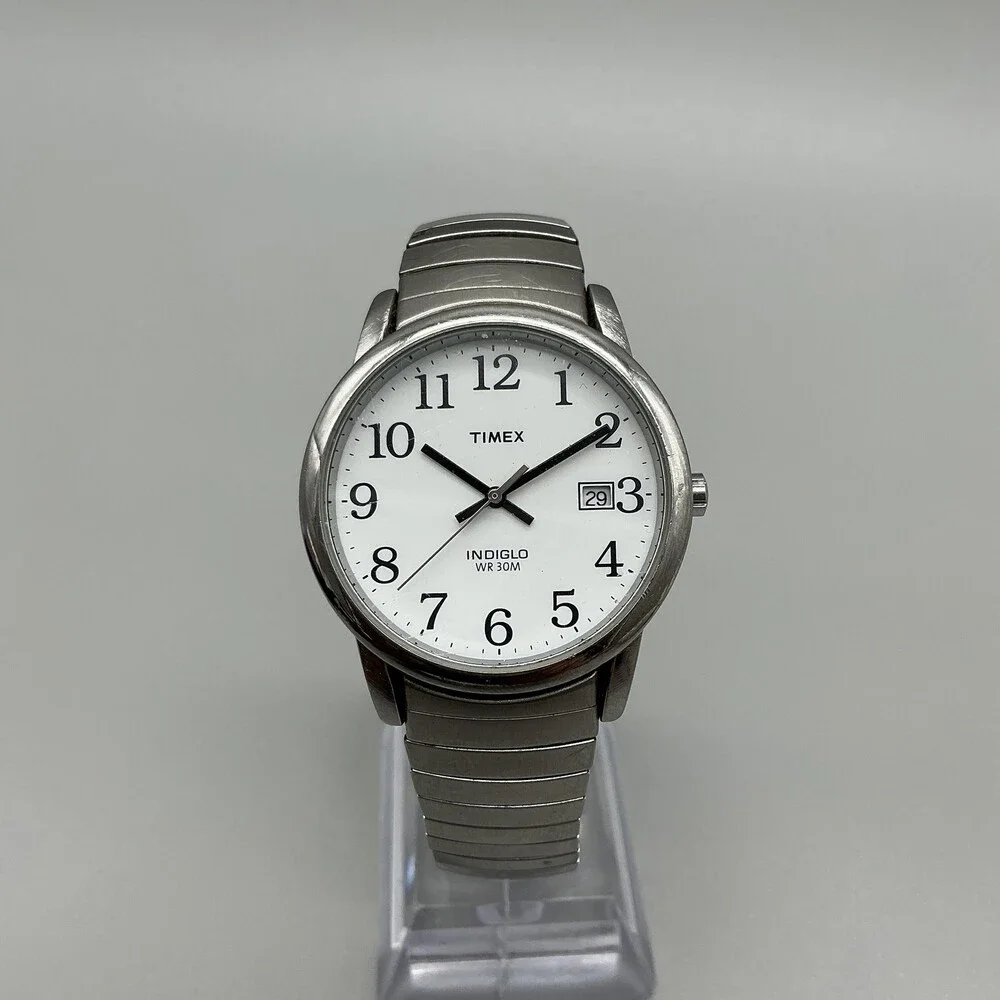 Timex Indiglo Mens Watch 35mm White Dial Silver Tone Stretch Date New Battery